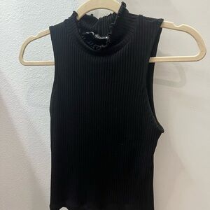 Black Sleeveless Ribbed Top with Ruffle Neck